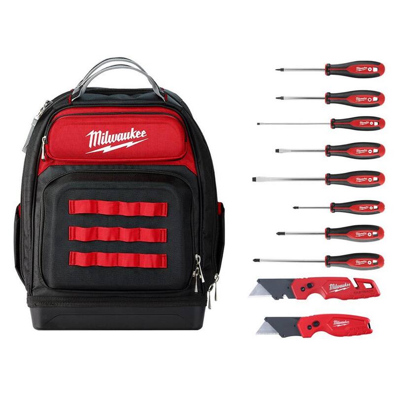 Milwaukee 15 in. Ultimate Jobsite Backpack with Screwdriver Set and FASTBACK Utility Knifes (10-Piece) - 48-22-8201-48-22-1503-48-22-2718