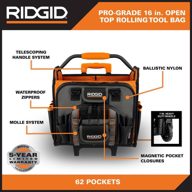 RIDGID 17 in. 62 Pocket Professional Grade Open Top Rolling Tool Bag - RD75016-TH