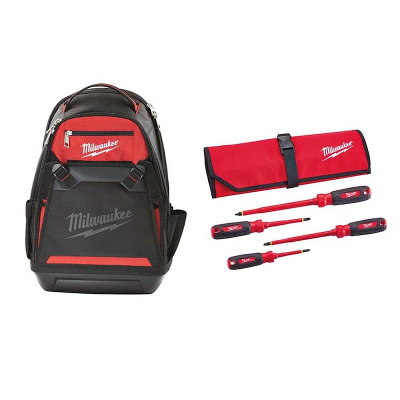 Milwaukee 10 in. Jobsite Backpack with 1000-Volt Insulated Screwdriver Set and Pouch (4-Piece) - 48-22-8200-48-22-2204