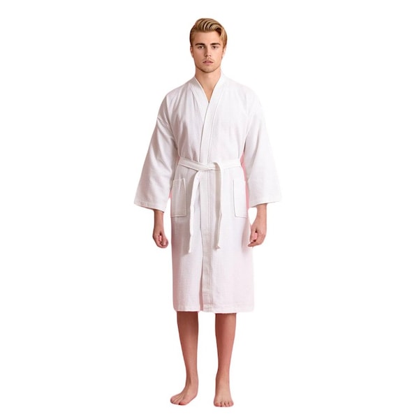Towelsoft Unisex Men's Waffle Weave Stone White Bathrobe One Size - RM-MEN-WFL-WE-OS