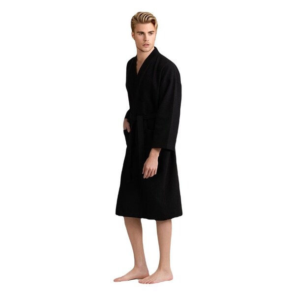 Towelsoft Unisex Men's Waffle Weave Stone Black Bathrobe One Size - RM-MEN-WFL-BLK-OS