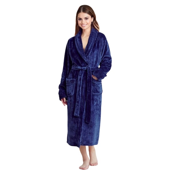 Towelsoft Women Plush Shawl Collar Robe, Fleece Bathrobe, Navy L/XL - PLH-RB-NVY-L