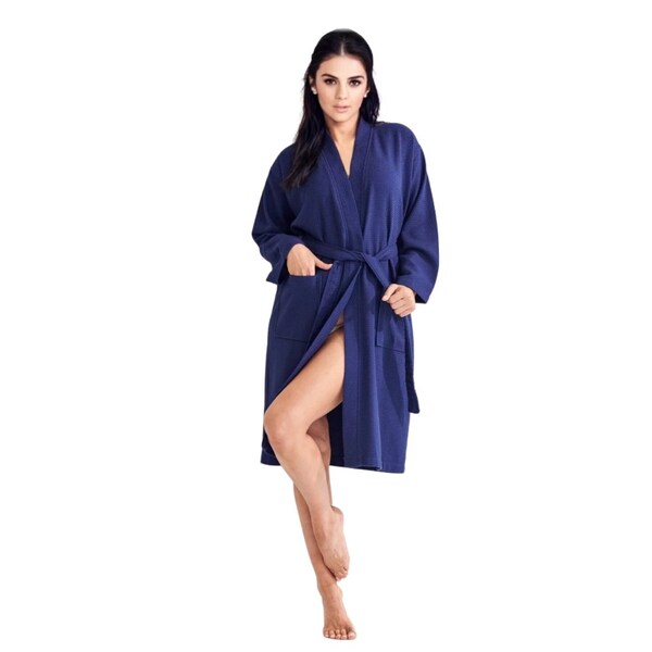 Towelsoft Women's Waffle Indigo Long Premium CottonBlend Bathrobe Small - WM-WFL-KM-RBS-LNG-INDG-S