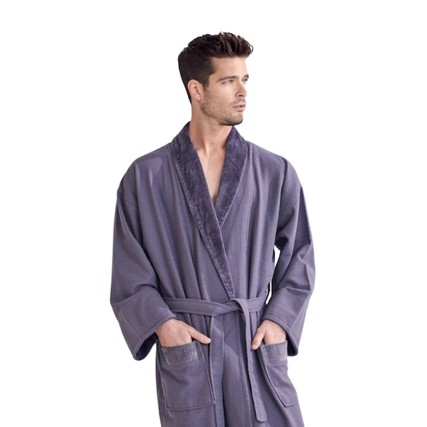Towelsoft Unisex Men's Luxury Waffle Gray Bathrobe, Velour Shawl, 100% Cotton One Size - RM-MEN-WFL-VLR-GRY