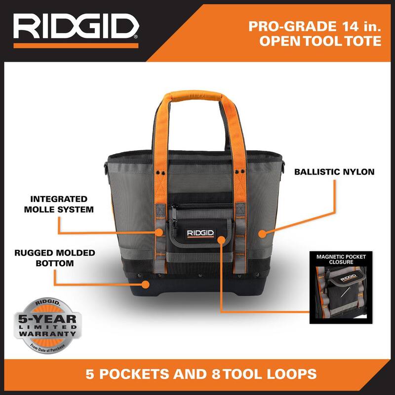 RIDGID 14 in. 5 Pocket Professional Grade Open Tool Tote - RD60088-TH
