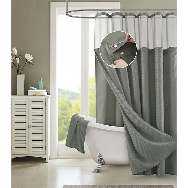 Homeroots 72 x 70 x 1 in. Gray Sheer & Grid Shower Curtain & Liner Set - 399753