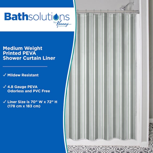 Kenney Mfg Medium Weight Decorative PEVA Shower Liner, 70" W x 72" H, Stripe - KN61286
