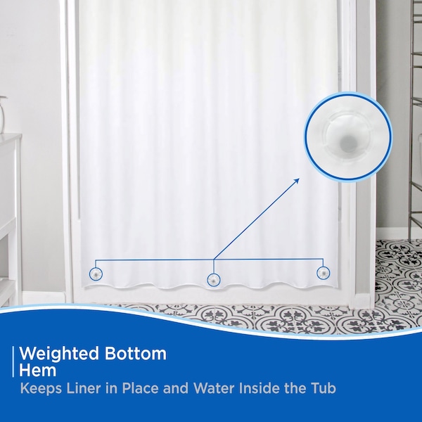Kenney Mfg FlexHook Medium Weight PEVA Shower Curtain Liner, 71in W x 74in H, White - KN61377