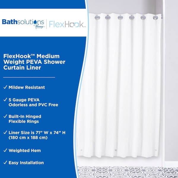 Kenney Mfg FlexHook Medium Weight PEVA Shower Curtain Liner, 71in W x 74in H, White - KN61377