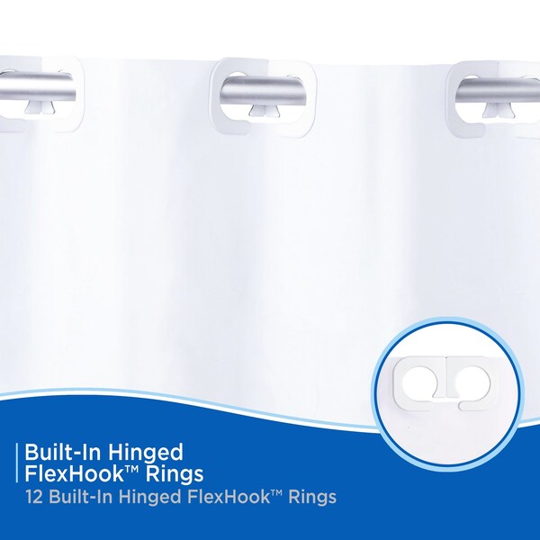 Kenney Mfg FlexHook Medium Weight PEVA Shower Curtain Liner, 71in W x 74in H, White - KN61377
