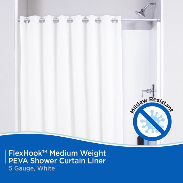 Kenney Mfg FlexHook Medium Weight PEVA Shower Curtain Liner, 71in W x 74in H, White - KN61377