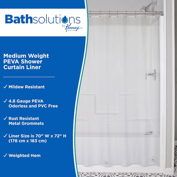 Kenney Mfg Medium Weight PEVA Shower Curtain Liner, 70in W x 72in H, Clear, 2-Pack - KN61443PK2