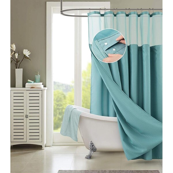 Homeroots Teal Sheer & Grid Shower Curtain & Liner Set - 399754