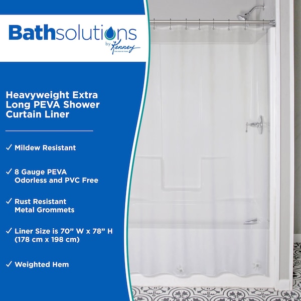 Kenney Mfg Heavyweight Extra Long PEVA Shower Curtain Liner, 70in W x 78in H, Clear - KN61235