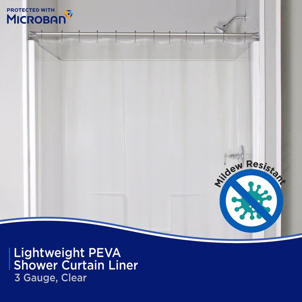 Kenney Mfg Microban Protected Lightweight PEVA Shower Liner, 70in W x 72in H, Clear, 2-Pack - MB61122PK2