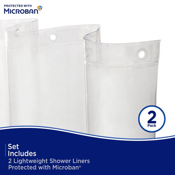 Kenney Mfg Microban Protected Lightweight PEVA Shower Liner, 70in W x 72in H, Clear, 2-Pack - MB61122PK2