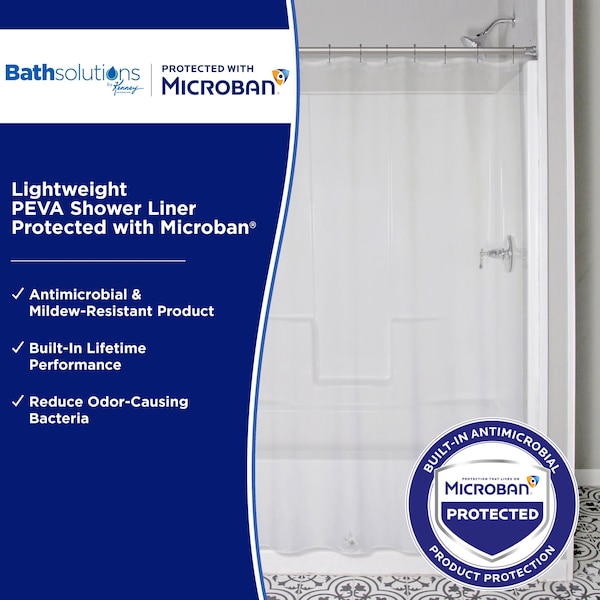 Kenney Mfg Microban Protected Lightweight PEVA Shower Liner, 70in W x 72in H, Clear, 2-Pack - MB61122PK2