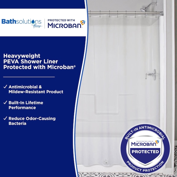 Kenney Mfg Microban Protected Heavyweight PEVA Shower Liner, 70in W x 72in H, Clear - MB61168