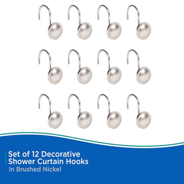 Kenney Mfg Erin Decorative Shower Curtain Hooks, Set of 12, Brushed Nickel - KN62151V1