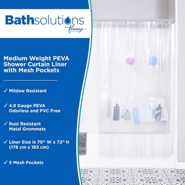 Kenney Mfg Medium Weight PEVA Shower Liner with Pockets, 70" W x 72" H, White - KN61447