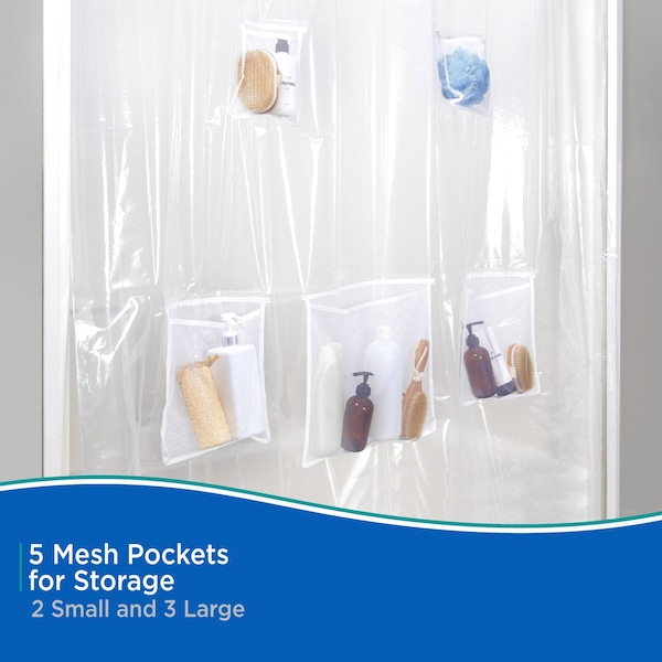 Kenney Mfg Medium Weight PEVA Shower Liner with Pockets, 70" W x 72" H, White - KN61447