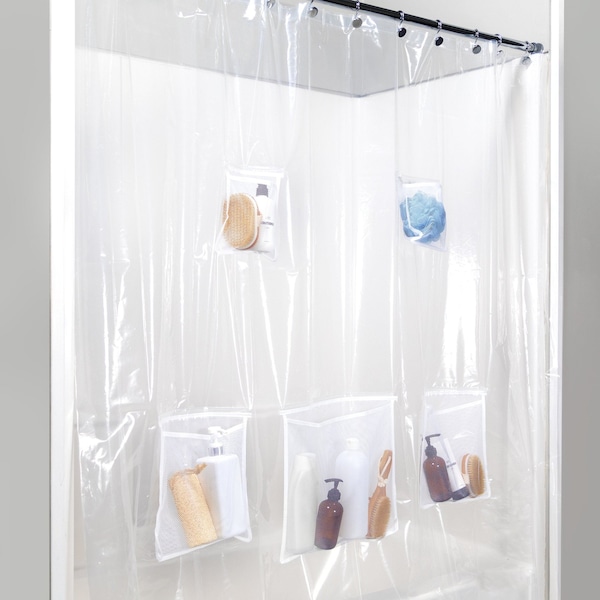 Kenney Mfg Medium Weight PEVA Shower Liner with Pockets, 70" W x 72" H, White - KN61447