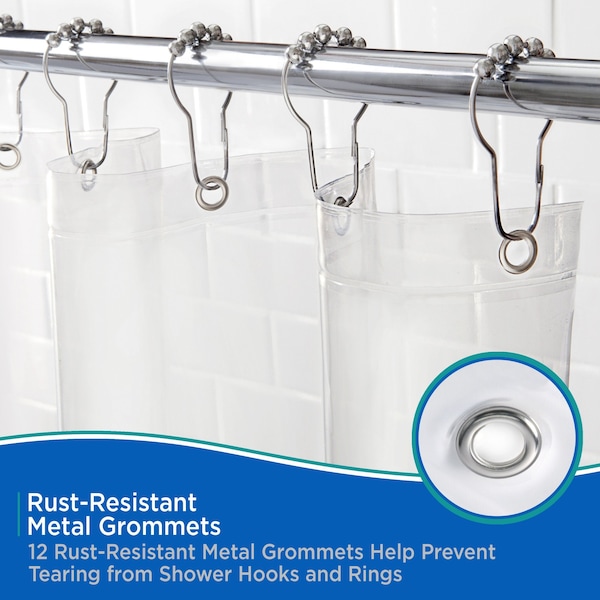 Kenney Mfg Medium Weight PEVA Shower Liner with Pockets, 70" W x 72" H, White - KN61447