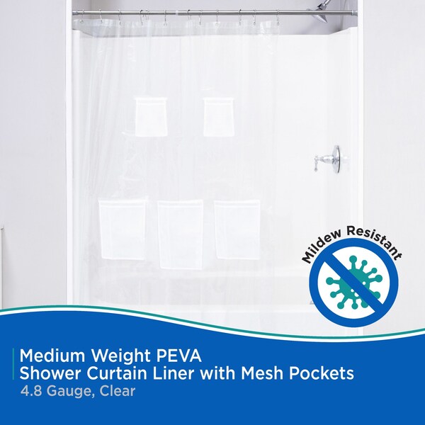 Kenney Mfg Medium Weight PEVA Shower Liner with Pockets, 70" W x 72" H, White - KN61447