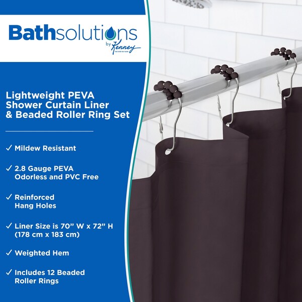 Kenney Mfg Lightweight PEVA Shower Curtain Liner and Beaded Roller Ring Set, 70in W x 72in H - KN61759V1