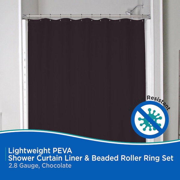 Kenney Mfg Lightweight PEVA Shower Curtain Liner and Beaded Roller Ring Set, 70in W x 72in H - KN61759V1