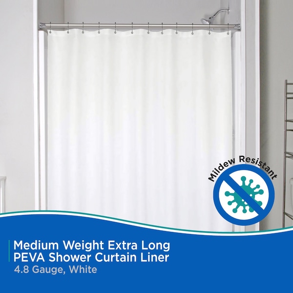 Kenney Mfg Medium Weight Extra Long PEVA Shower Curtain Liner, 70in W x 78in H, White - KN61469