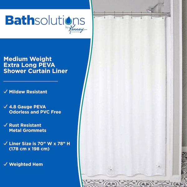 Kenney Mfg Medium Weight Extra Long PEVA Shower Curtain Liner, 70in W x 78in H, White - KN61469