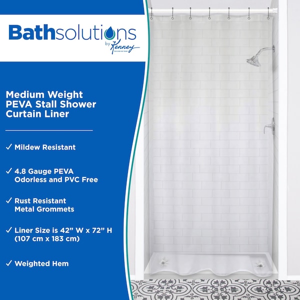 Kenney Mfg Medium Weight PEVA Stall Shower Curtain Liner, 42in W x 72in H, Clear - KN61147
