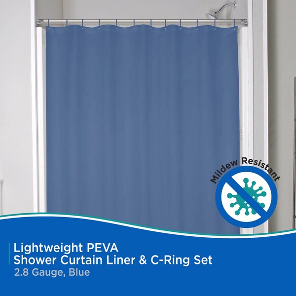 Kenney Mfg Lightweight PEVA Shower Curtain Liner and C-Ring Set, 70in W x 72in H, Blue - KN61752