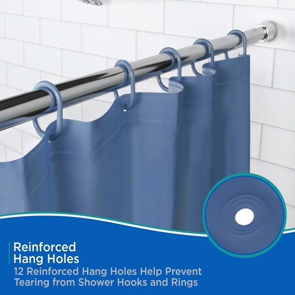 Kenney Mfg Lightweight PEVA Shower Curtain Liner and C-Ring Set, 70in W x 72in H, Blue - KN61752