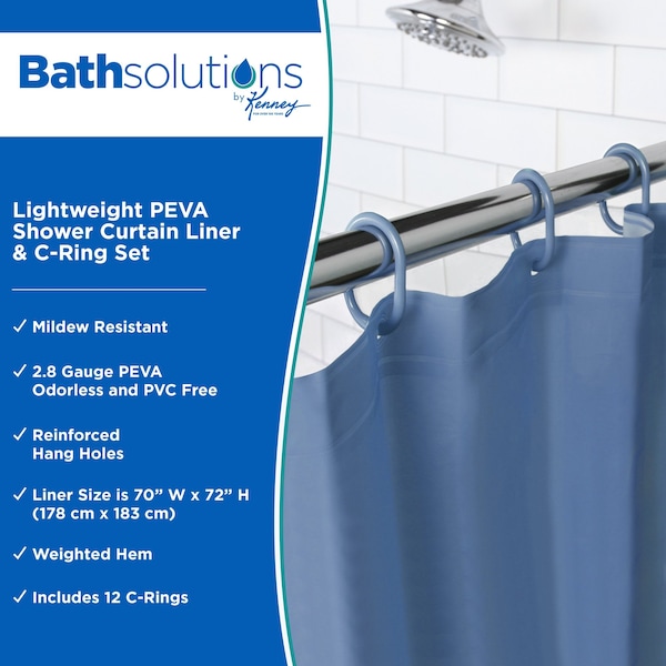 Kenney Mfg Lightweight PEVA Shower Curtain Liner and C-Ring Set, 70in W x 72in H, Blue - KN61752
