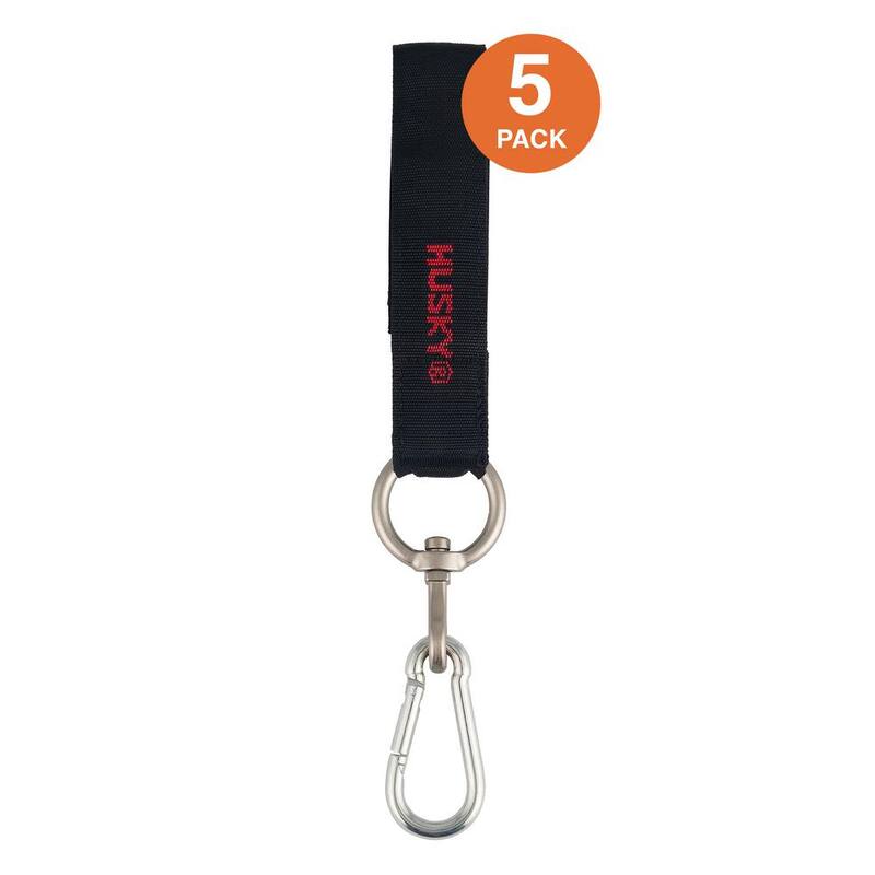 Husky 18 in. Heavy-Duty Hanging Carabiner Strap Zinc-Plated Steel with Quick-Release Hook and Loop Fastening in Black (5-Pack) - HD00138-TH5PK