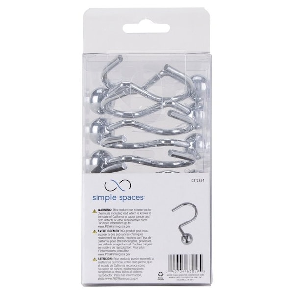 Simple Spaces Ball Shower Curtin Hook, 1-1/16 in Opening, Steel, Chrome, 1-3/4 in W, 2-7/8 in H - SD-CBH-CH