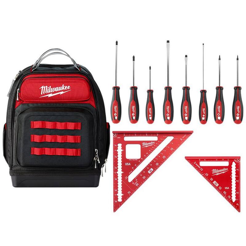Milwaukee 15 in. Ultimate Jobsite Backpack W/Screwdriver Set W/ 7 in. Rafter Square and 4-1/2 in. Trim Square Set (11-Piece) - 48-22-8201-MLSQ070P-48-22-2718