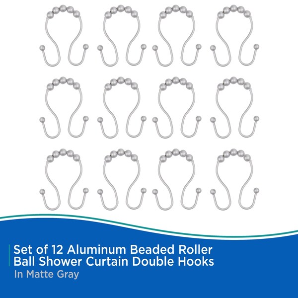Kenney Mfg Rust-Proof Beaded Roller Double Shower Hooks, Set of 12, Matte Grey - KN67124