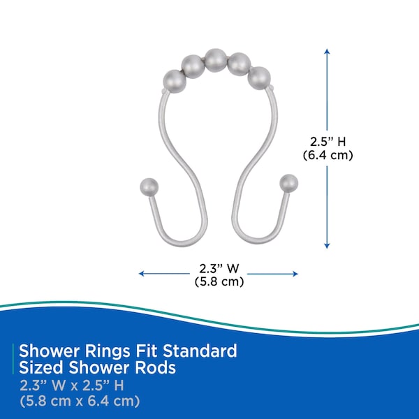 Kenney Mfg Rust-Proof Beaded Roller Double Shower Hooks, Set of 12, Matte Grey - KN67124