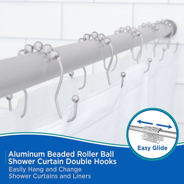 Kenney Mfg Rust-Proof Beaded Roller Double Shower Hooks, Set of 12, Matte Grey - KN67124
