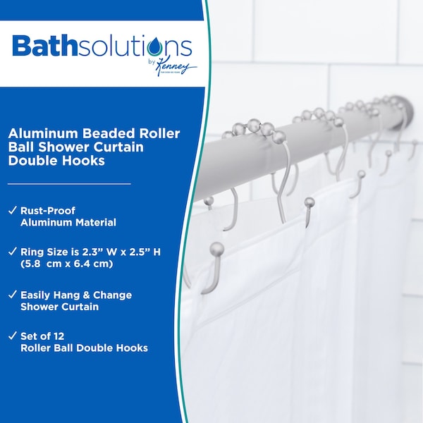 Kenney Mfg Rust-Proof Beaded Roller Double Shower Hooks, Set of 12, Matte Grey - KN67124