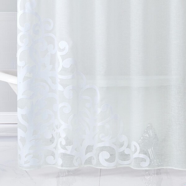 Homeroots 72 x 70 x 1 in. White Contemporary Velvet Scroll Shower Curtain - 399748