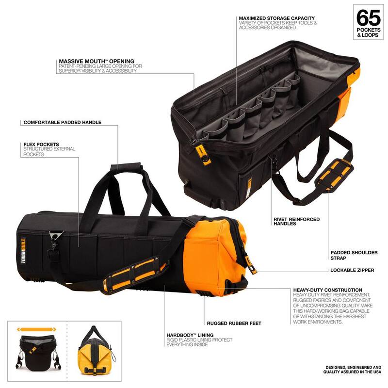 TOUGHBUILT Massive Mouth 30" Black and Gold Specialist Tool Bag with 65 pockets and heavy-duty reinforced rivet construction - TB-60-30