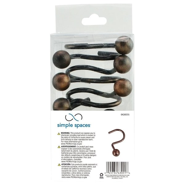 Simple Spaces Ball Shower Curtin Hook, 1-1/16 in Opening, Steel, Venetian Bronze, 1-3/4 in W, 2-7/8 in H - SD-CBH-VB
