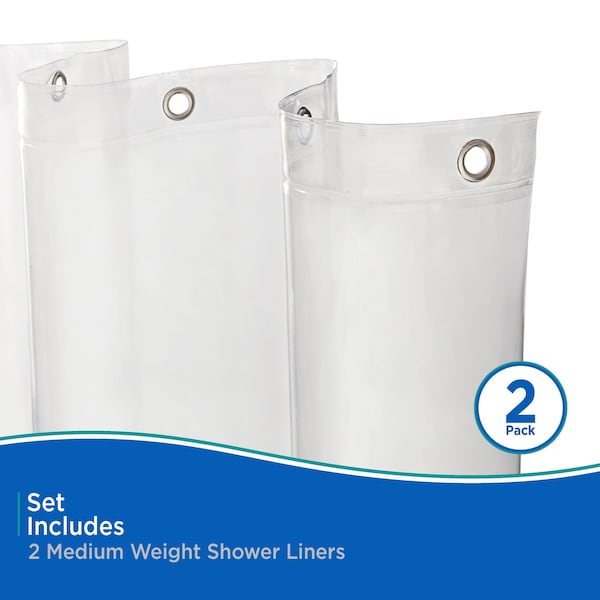 Kenney Mfg Medium Weight PEVA Shower Curtain Liner, 2-Pack, 70in W x 72in H, Clear - KN61462