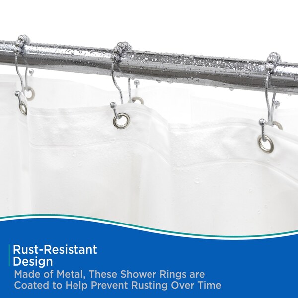 Kenney Mfg Beaded Roller Shower Curtain Double Hooks, Set of 12, Chrome - KN67123V2