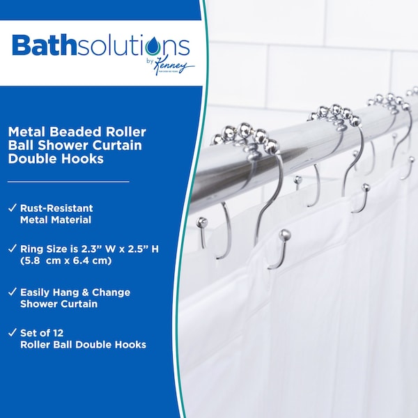 Kenney Mfg Beaded Roller Shower Curtain Double Hooks, Set of 12, Chrome - KN67123V2