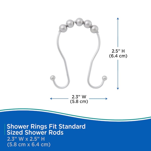 Kenney Mfg Beaded Roller Shower Curtain Double Hooks, Set of 12, Chrome - KN67123V2